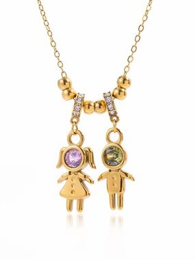 18K Gold Plated Girl & Boy Cubic zirconia Charm Necklace